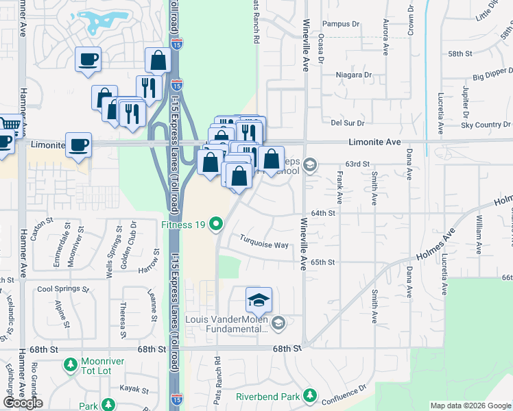 map of restaurants, bars, coffee shops, grocery stores, and more near 11921 Sunstone Court in Jurupa Valley