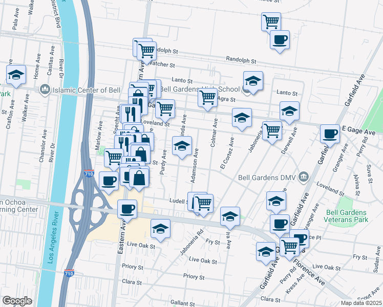 map of restaurants, bars, coffee shops, grocery stores, and more near 6612 El Selinda Avenue in Bell Gardens