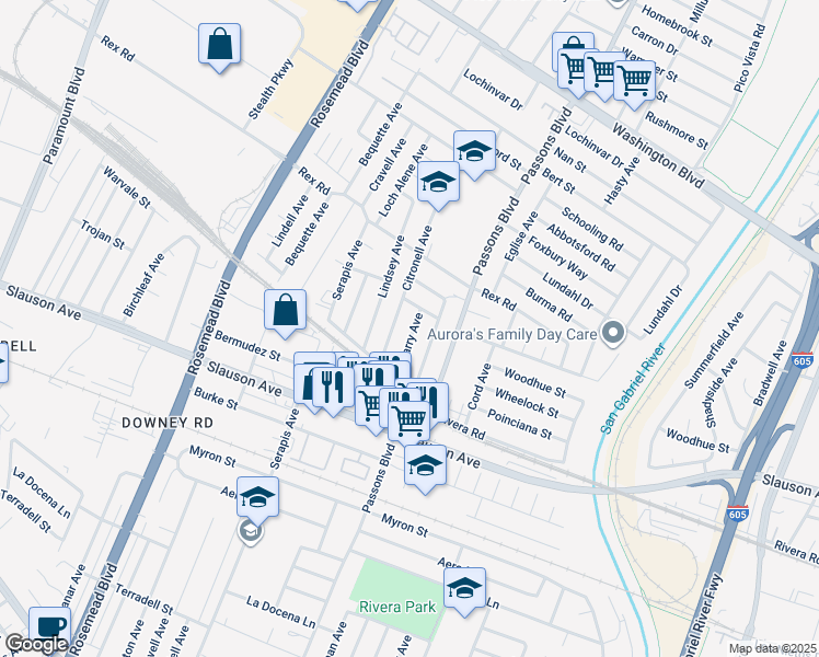 map of restaurants, bars, coffee shops, grocery stores, and more near 7525 Kilgarry Avenue in Pico Rivera