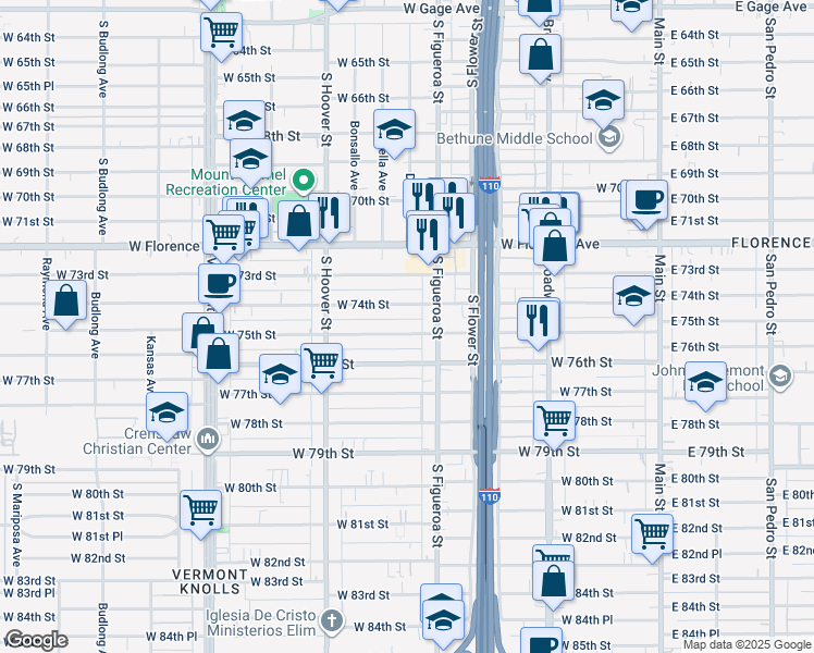 map of restaurants, bars, coffee shops, grocery stores, and more near 541 West 75th Street in Los Angeles