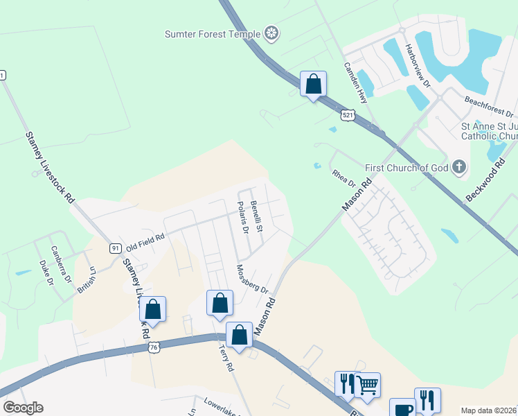 map of restaurants, bars, coffee shops, grocery stores, and more near 1797 Benelli Street in Sumter