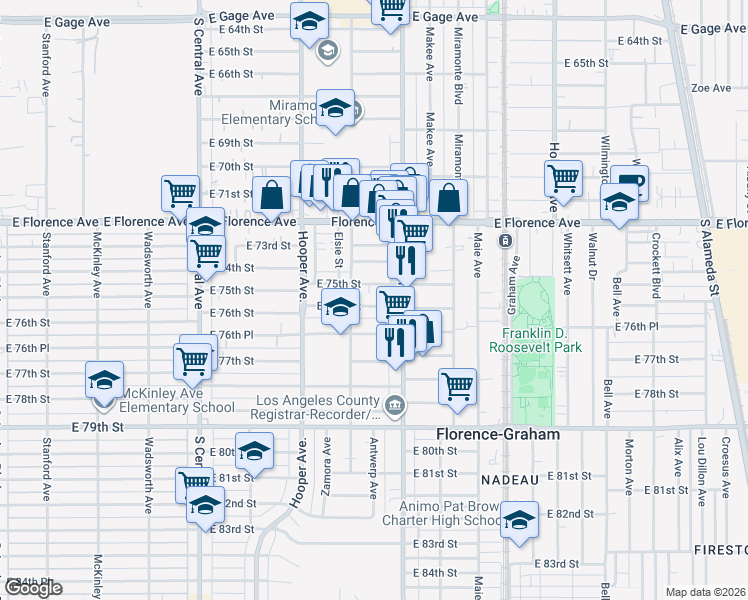 map of restaurants, bars, coffee shops, grocery stores, and more near 1413 East 76th Street in Los Angeles