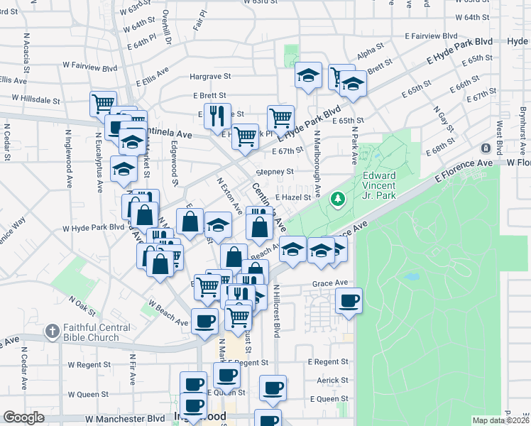 map of restaurants, bars, coffee shops, grocery stores, and more near 417 Centinela Avenue in Inglewood