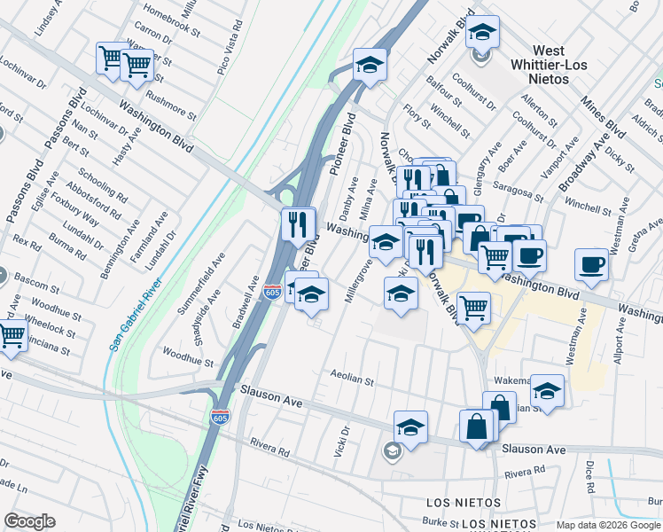 map of restaurants, bars, coffee shops, grocery stores, and more near 8112 Danby Avenue in Whittier