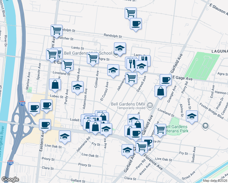 map of restaurants, bars, coffee shops, grocery stores, and more near 6555 Jaboneria Road in Bell Gardens