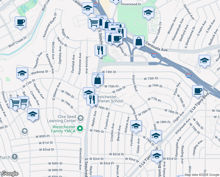 map of restaurants, bars, coffee shops, grocery stores, and more near 6074 West 75th Place in Los Angeles