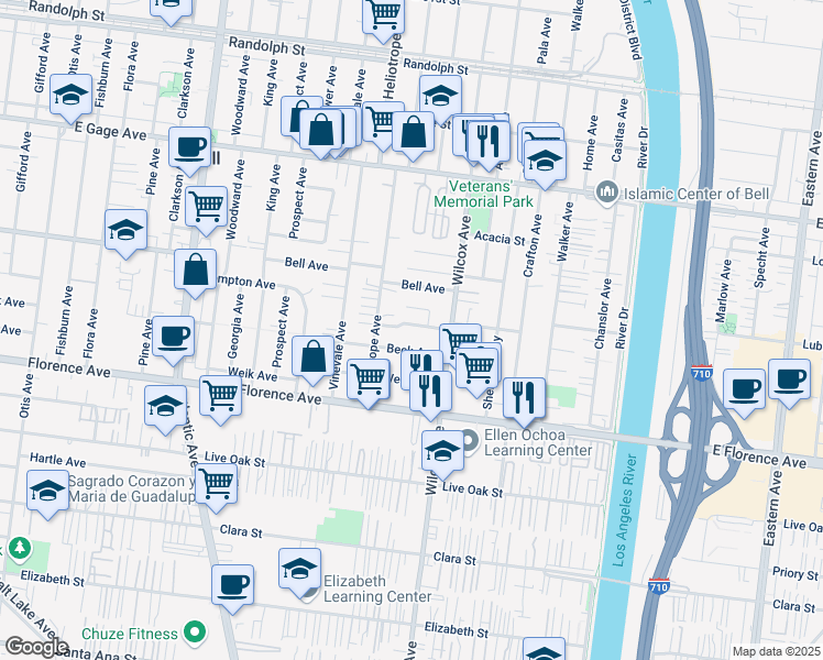 map of restaurants, bars, coffee shops, grocery stores, and more near 4926 Brompton Avenue in Bell