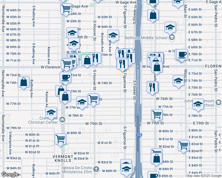 map of restaurants, bars, coffee shops, grocery stores, and more near 617 West 75th Street in Los Angeles