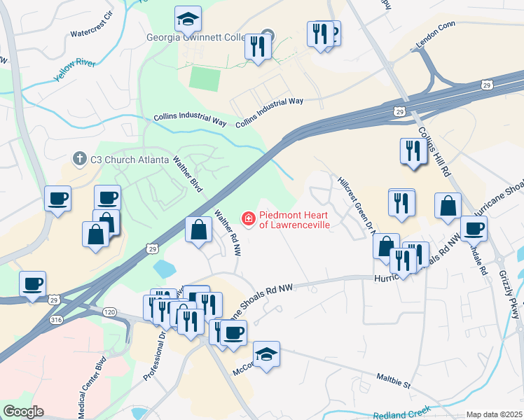 map of restaurants, bars, coffee shops, grocery stores, and more near 287 Dogwood Lane Northwest in Lawrenceville