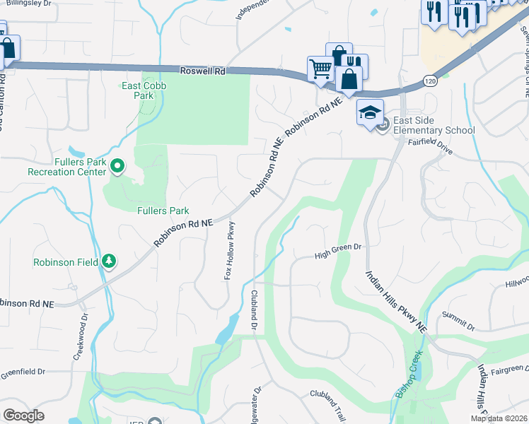 map of restaurants, bars, coffee shops, grocery stores, and more near 3498 Clubland Drive in Marietta