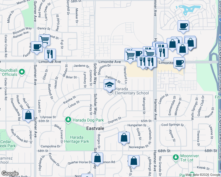 map of restaurants, bars, coffee shops, grocery stores, and more near 12910 Merry Meadows Drive in Corona