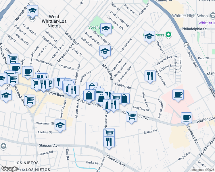 map of restaurants, bars, coffee shops, grocery stores, and more near in Whittier