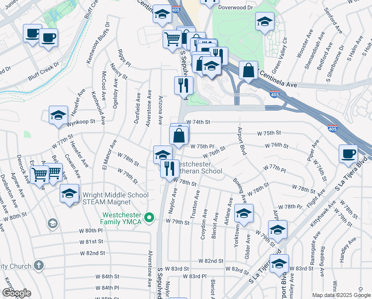 map of restaurants, bars, coffee shops, grocery stores, and more near 6154 West 75th Place in Los Angeles