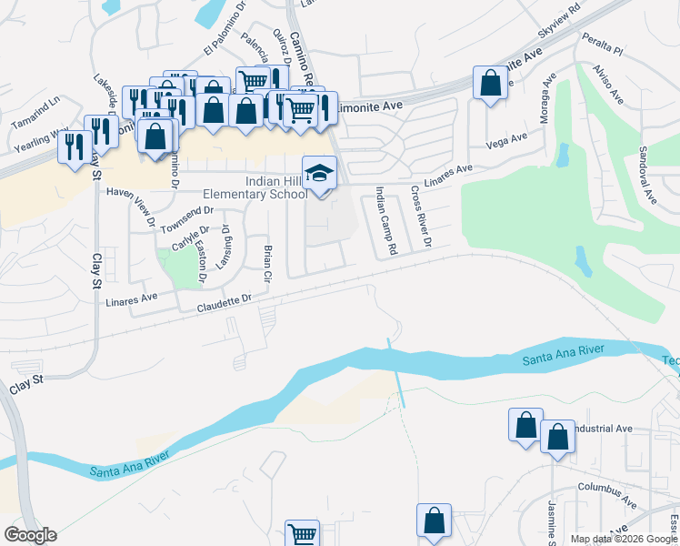 map of restaurants, bars, coffee shops, grocery stores, and more near 6621 Thunder Bay Trail in Riverside