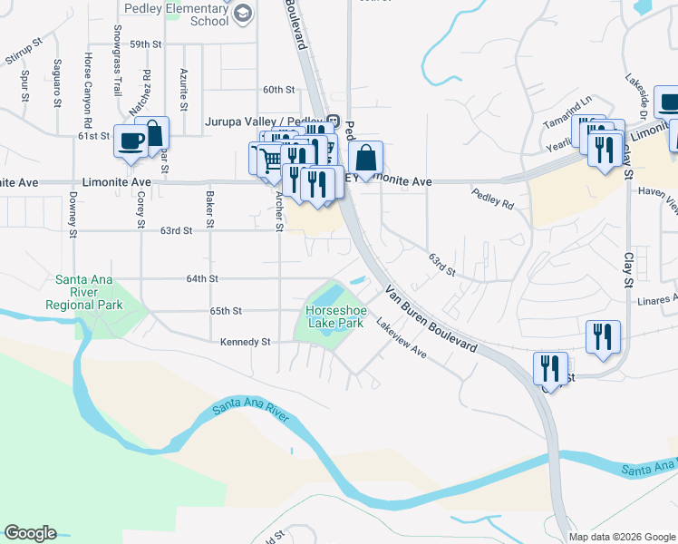 map of restaurants, bars, coffee shops, grocery stores, and more near 8781 Lakeview Avenue in Riverside