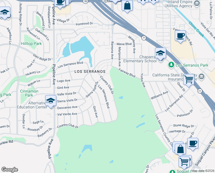 map of restaurants, bars, coffee shops, grocery stores, and more near 15493 Country Club Drive in Chino Hills