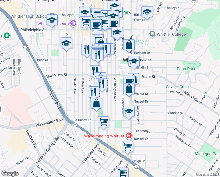 map of restaurants, bars, coffee shops, grocery stores, and more near 13005 Walnut Street in Whittier