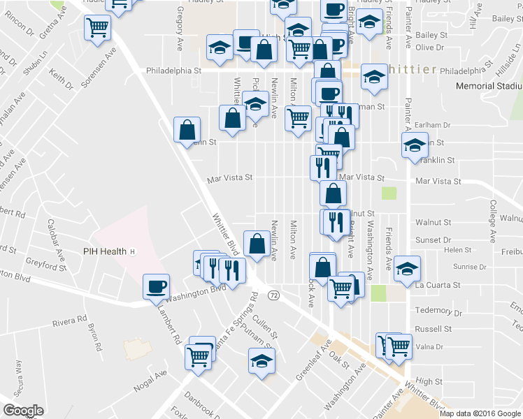 map of restaurants, bars, coffee shops, grocery stores, and more near 7655 Newlin Avenue in Whittier