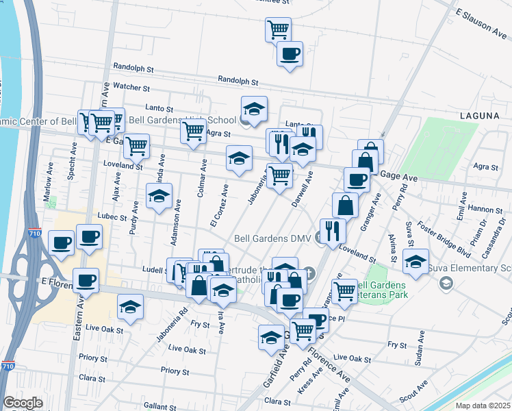 map of restaurants, bars, coffee shops, grocery stores, and more near 6533 Ira Avenue in Bell Gardens