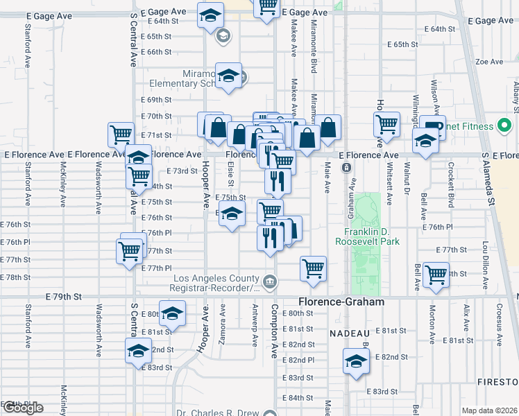 map of restaurants, bars, coffee shops, grocery stores, and more near 7519 Compton Avenue in Los Angeles