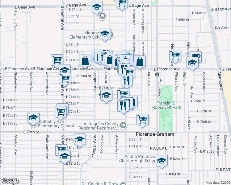map of restaurants, bars, coffee shops, grocery stores, and more near 1413 East 76th Street in Los Angeles