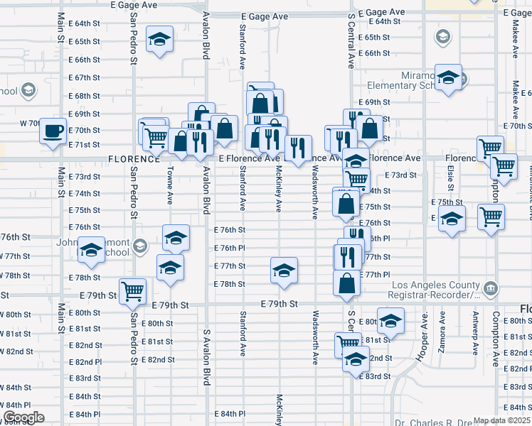 map of restaurants, bars, coffee shops, grocery stores, and more near 736 East 75th Street in Los Angeles