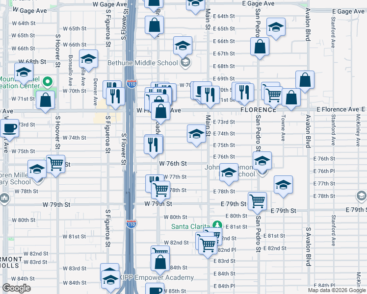 map of restaurants, bars, coffee shops, grocery stores, and more near 211 West 75th Street in Los Angeles