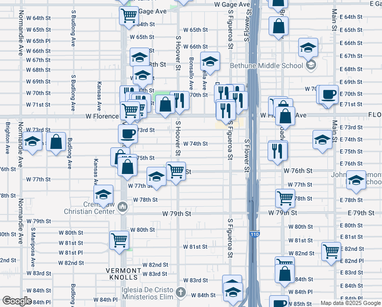map of restaurants, bars, coffee shops, grocery stores, and more near 701 West 75th Street in Los Angeles