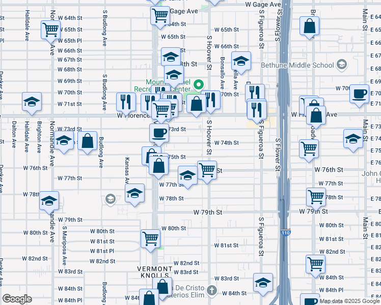 map of restaurants, bars, coffee shops, grocery stores, and more near 837 West 75th Street in Los Angeles