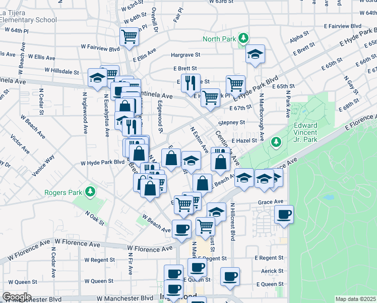 map of restaurants, bars, coffee shops, grocery stores, and more near 308 Stepney Street in Inglewood