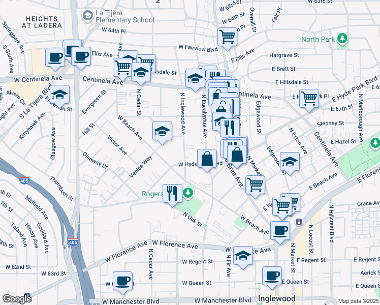 map of restaurants, bars, coffee shops, grocery stores, and more near 718 North Inglewood Avenue in Inglewood