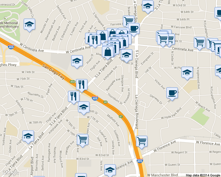 map of restaurants, bars, coffee shops, grocery stores, and more near 7144 Ramsgate Avenue in Los Angeles