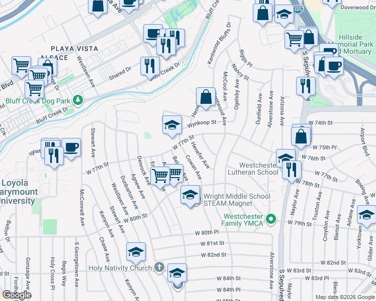 map of restaurants, bars, coffee shops, grocery stores, and more near 7720 Cowan Avenue in Los Angeles