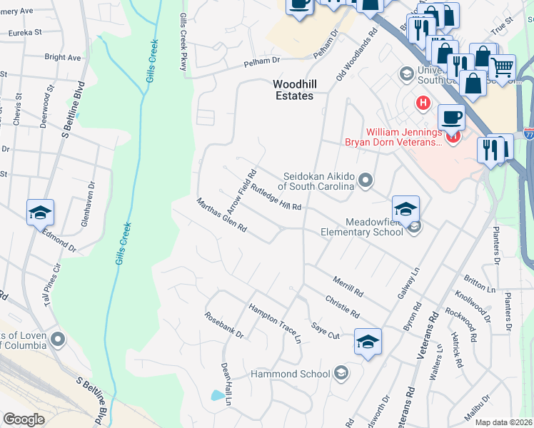map of restaurants, bars, coffee shops, grocery stores, and more near 6118 Hampton Ridge Road in Columbia