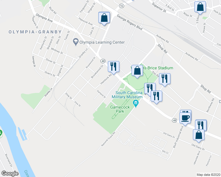 map of restaurants, bars, coffee shops, grocery stores, and more near 19 South Carolina 48 in Columbia