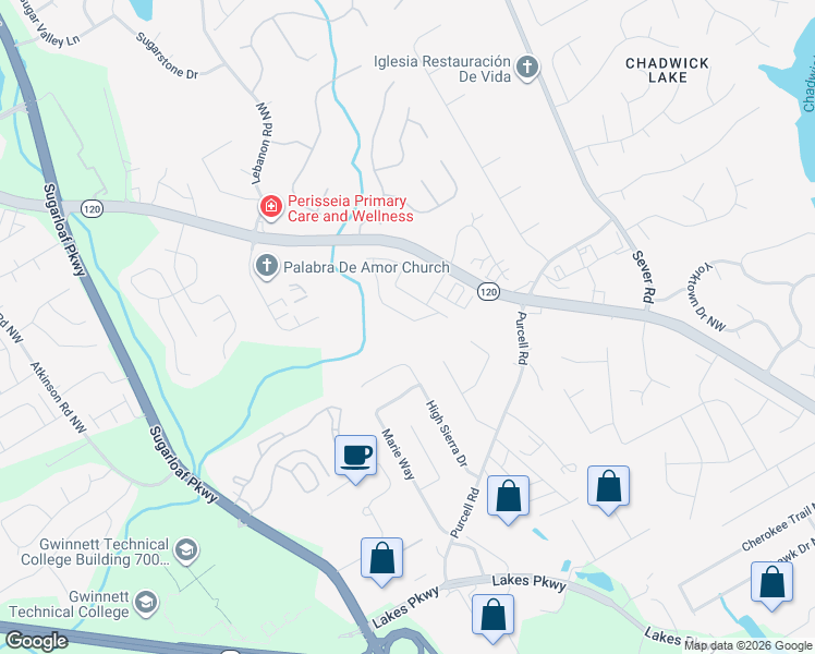 map of restaurants, bars, coffee shops, grocery stores, and more near 1707 Tailmore Lane Northwest in Lawrenceville
