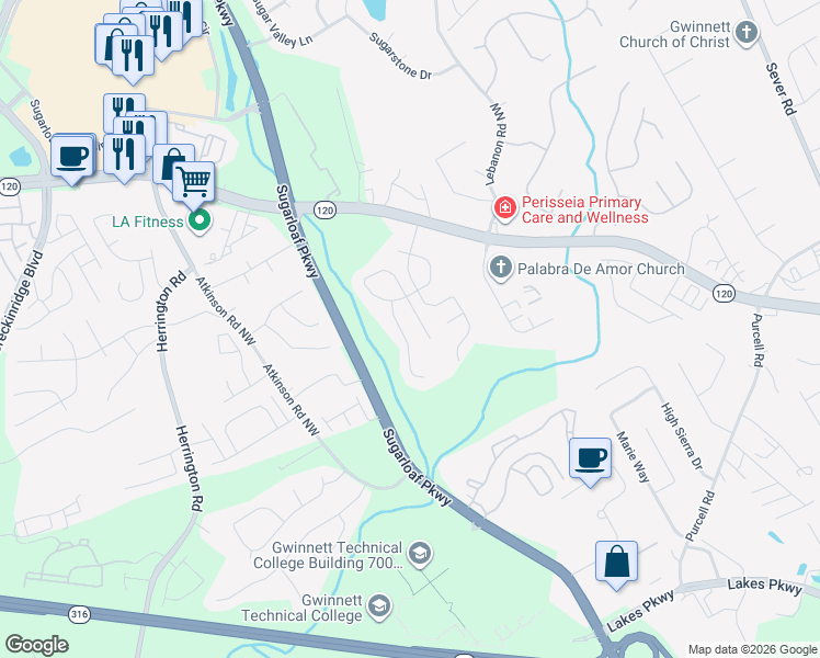 map of restaurants, bars, coffee shops, grocery stores, and more near 1575 Margate Court Northwest in Lawrenceville