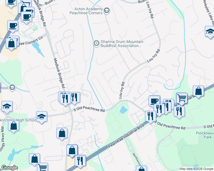 map of restaurants, bars, coffee shops, grocery stores, and more near 3490 Grove Park Drive in Duluth
