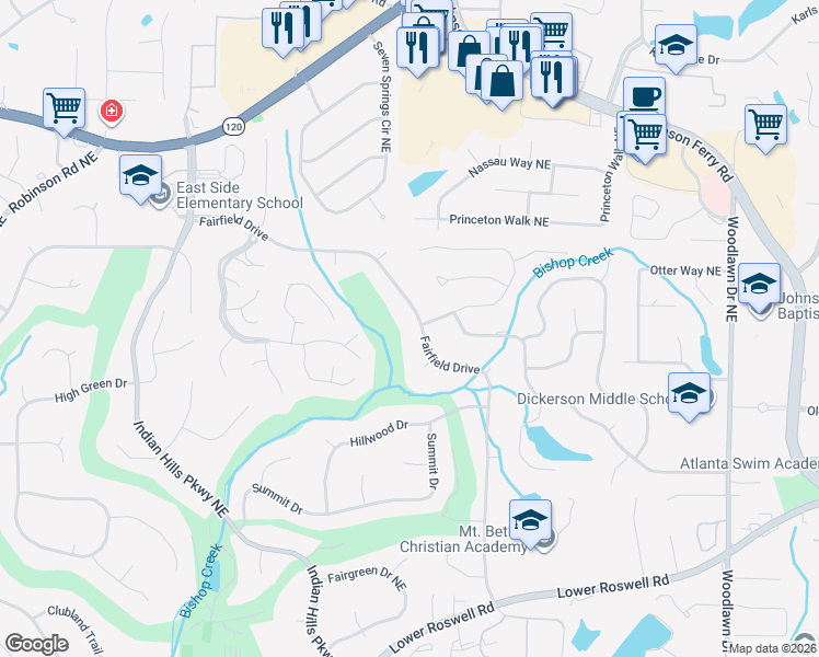 map of restaurants, bars, coffee shops, grocery stores, and more near 931 Fairfield Drive in Marietta