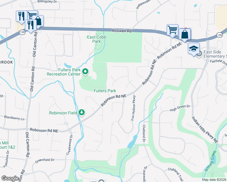 map of restaurants, bars, coffee shops, grocery stores, and more near 913 Highbury Lane Northeast in Marietta
