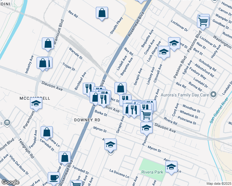 map of restaurants, bars, coffee shops, grocery stores, and more near 7636 Bequette Avenue in Pico Rivera
