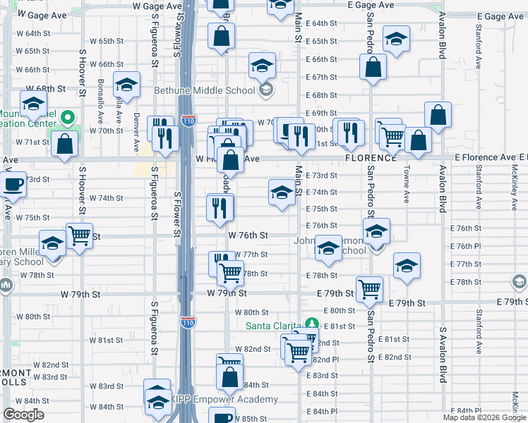 map of restaurants, bars, coffee shops, grocery stores, and more near 211 West 75th Street in Los Angeles