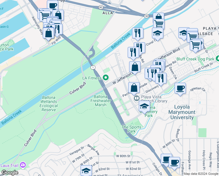 map of restaurants, bars, coffee shops, grocery stores, and more near in Los Angeles