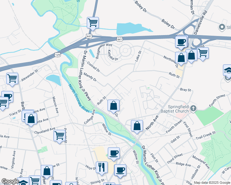 map of restaurants, bars, coffee shops, grocery stores, and more near 106 Magnolia Bluff Drive in Athens