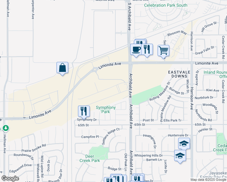 map of restaurants, bars, coffee shops, grocery stores, and more near 6301 Archibald Avenue in Corona