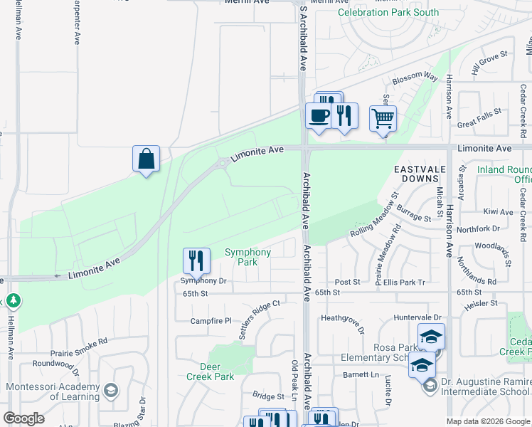 map of restaurants, bars, coffee shops, grocery stores, and more near 6301 Archibald Avenue in Corona