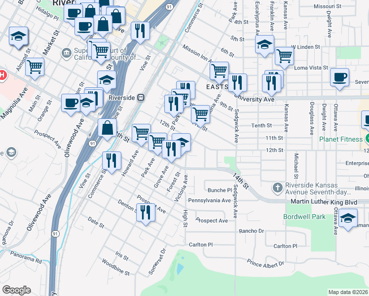 map of restaurants, bars, coffee shops, grocery stores, and more near 2727 13th Street in Riverside