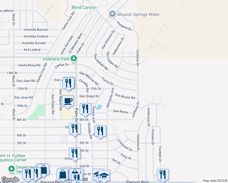 map of restaurants, bars, coffee shops, grocery stores, and more near 66816 San Bruno Road in Desert Hot Springs