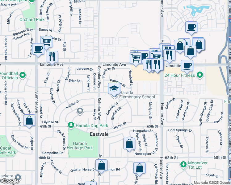 map of restaurants, bars, coffee shops, grocery stores, and more near 12910 Merry Meadows Drive in Corona