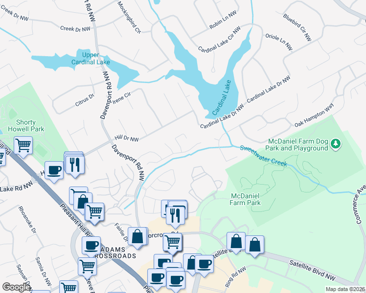 map of restaurants, bars, coffee shops, grocery stores, and more near 2513 Davenham Lane in Duluth